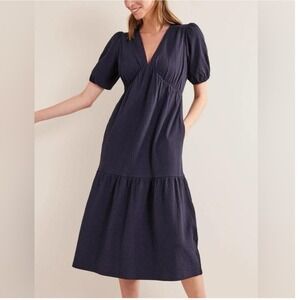 Boden Jersey Seersucker Navy Textured V Neck Puff Sleeve Tier Midi Maxi Dress 6